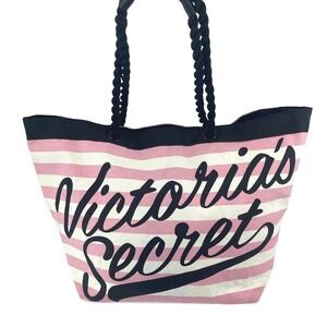Victoria's Secret Huge Tote Bag Pink White Stripe Canvas Rope Logo Pool Beach